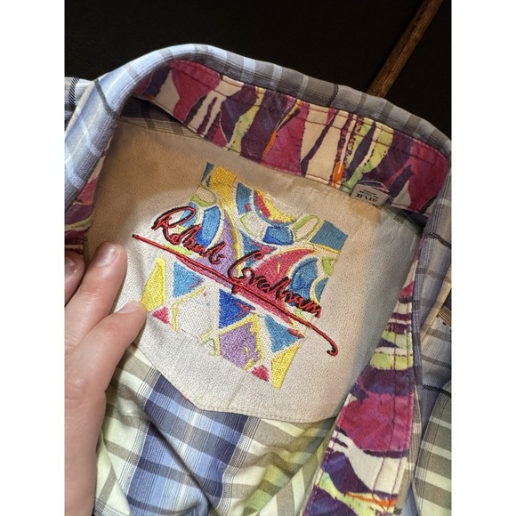 Robert Graham Mens Sz XL Green/ Blue Striped S/S Button Up Shirt (X15) - Picture 6 of 11